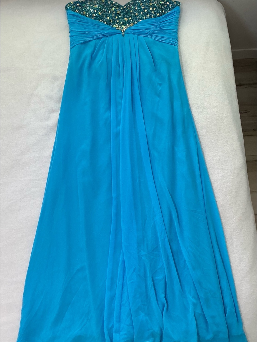 Turquoise Beaded Strapless Prom Dress